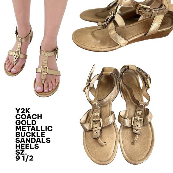 Y2K COACH METALLIC GOLD BUCKLE STRAPPY HEELS SANDALS SZ. 9 1/2. - Picture 1 of 6